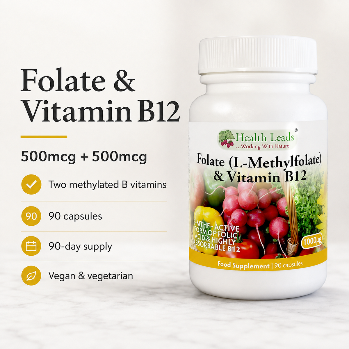 Folate 500mcg & Vitamin B12 500mcg x 90 capsules
