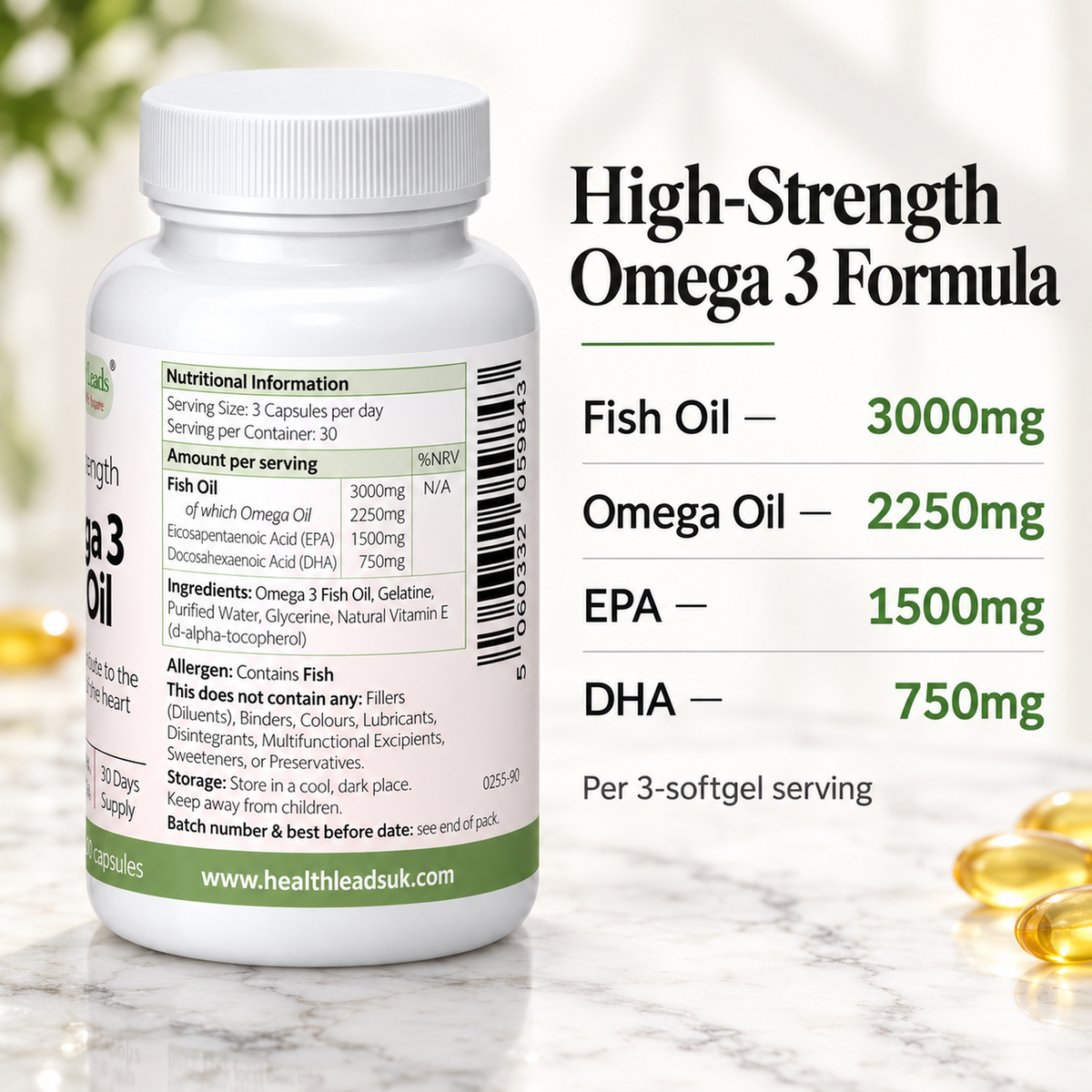 Omega 3 Fish Oil 3000mg | 1500mg EPA & 750mg DHA | 90 Softgels